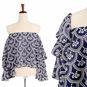 Caroline Constas Women's Blouse Size Medium Navy Silk Embroidered Ruffled Top